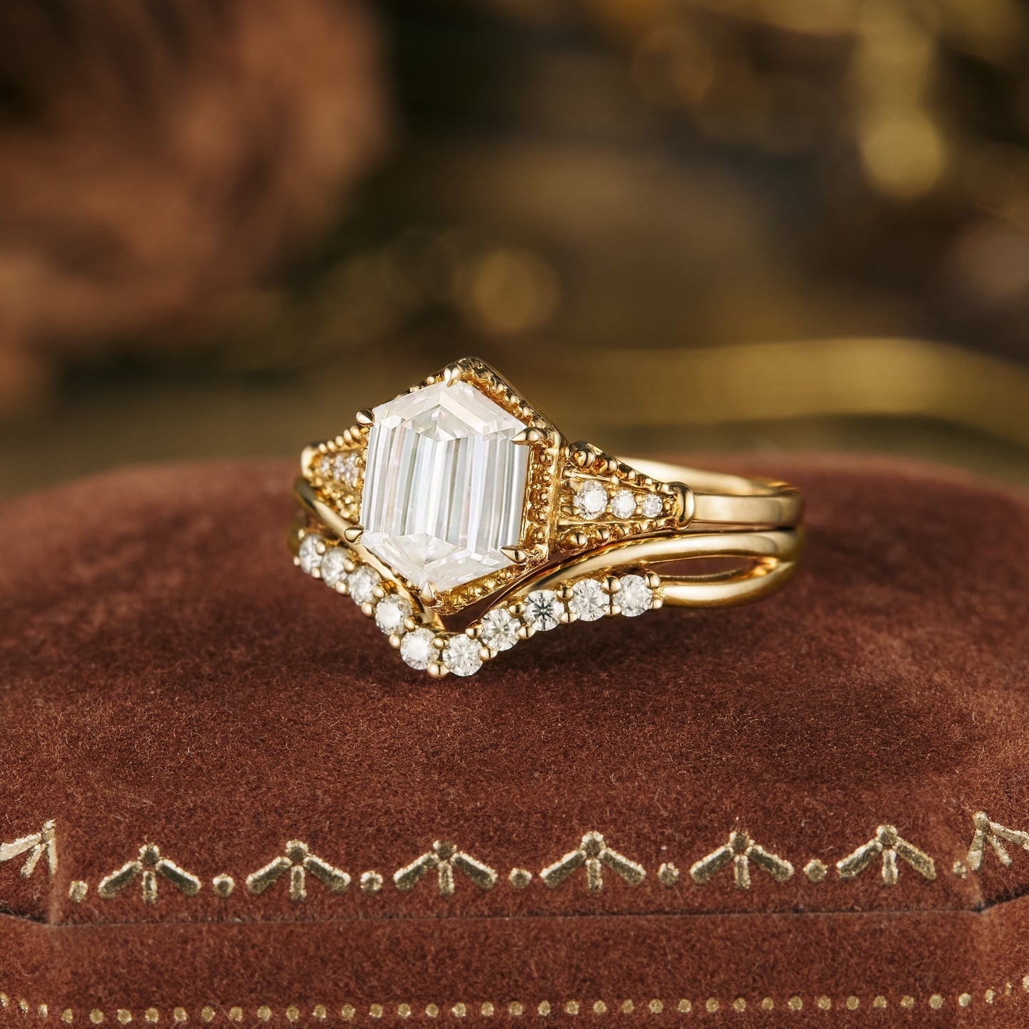 1.2 CT Hexagon Shaped Moissanite Diamond Bridal Set With Vintage Setting