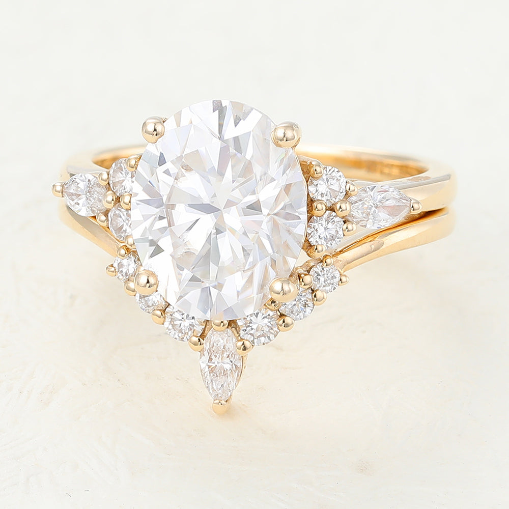 Max-3.0 Carats Oval  Moissanite Cluster Bridal Ring Set