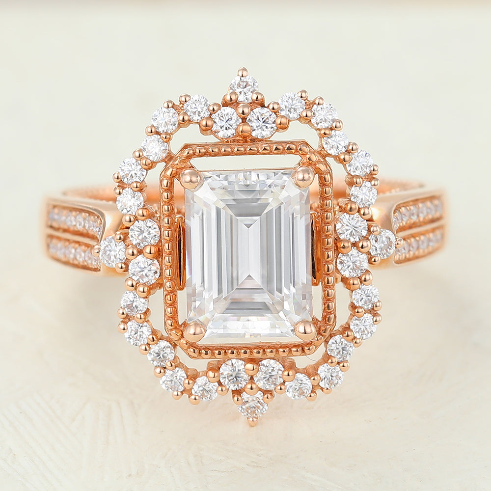 Raegan-1.60 Carats Emerald Moissanite Halo & Pave Engagement Ring