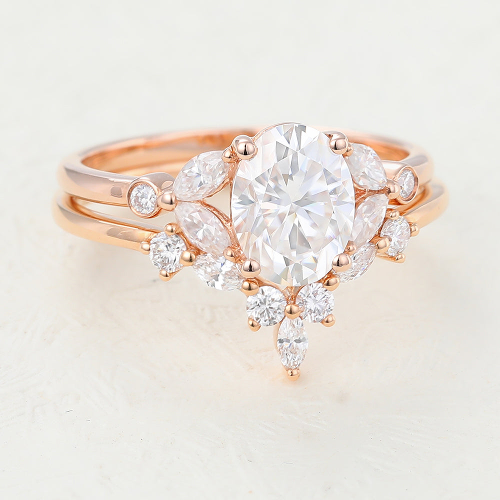 Nova-1.33 Carats Oval Moissanite Cluster Bridal Ring Set