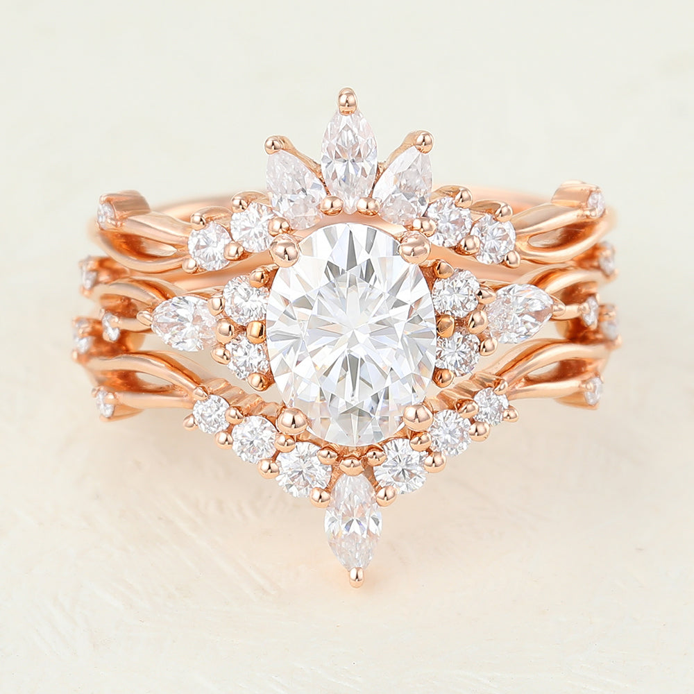 Eden-1.33 Carats Oval Moissanite Cluster Bridal Ring Set