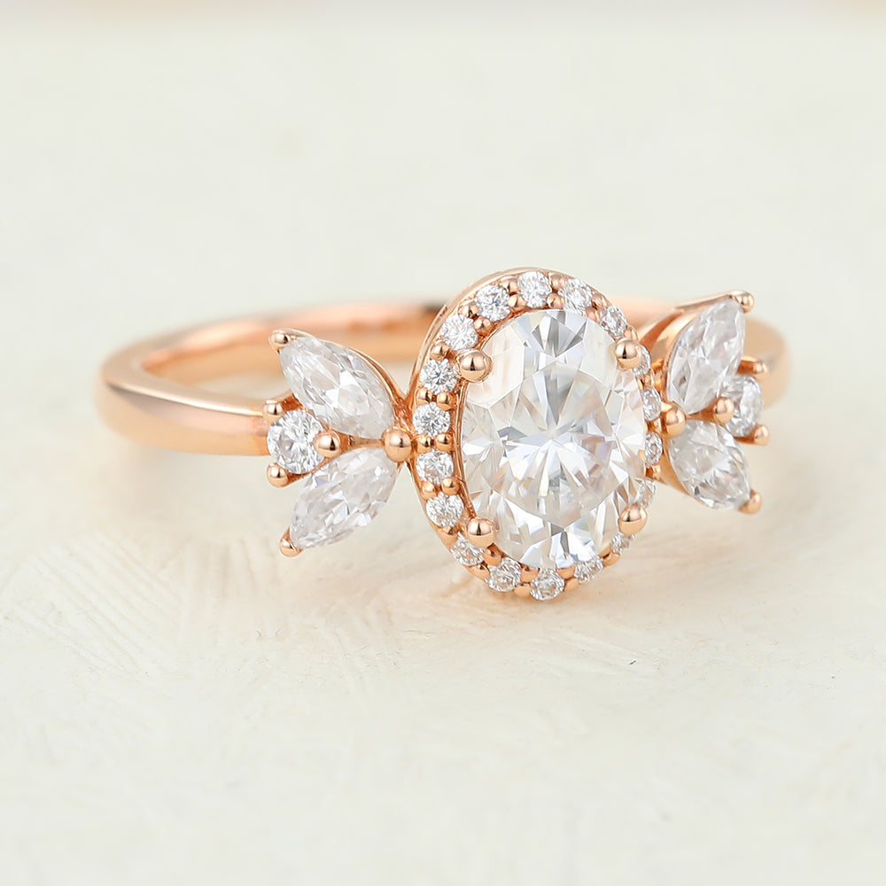 Veronica-0.84 Oval Moissanite Cluster Engagement Ring