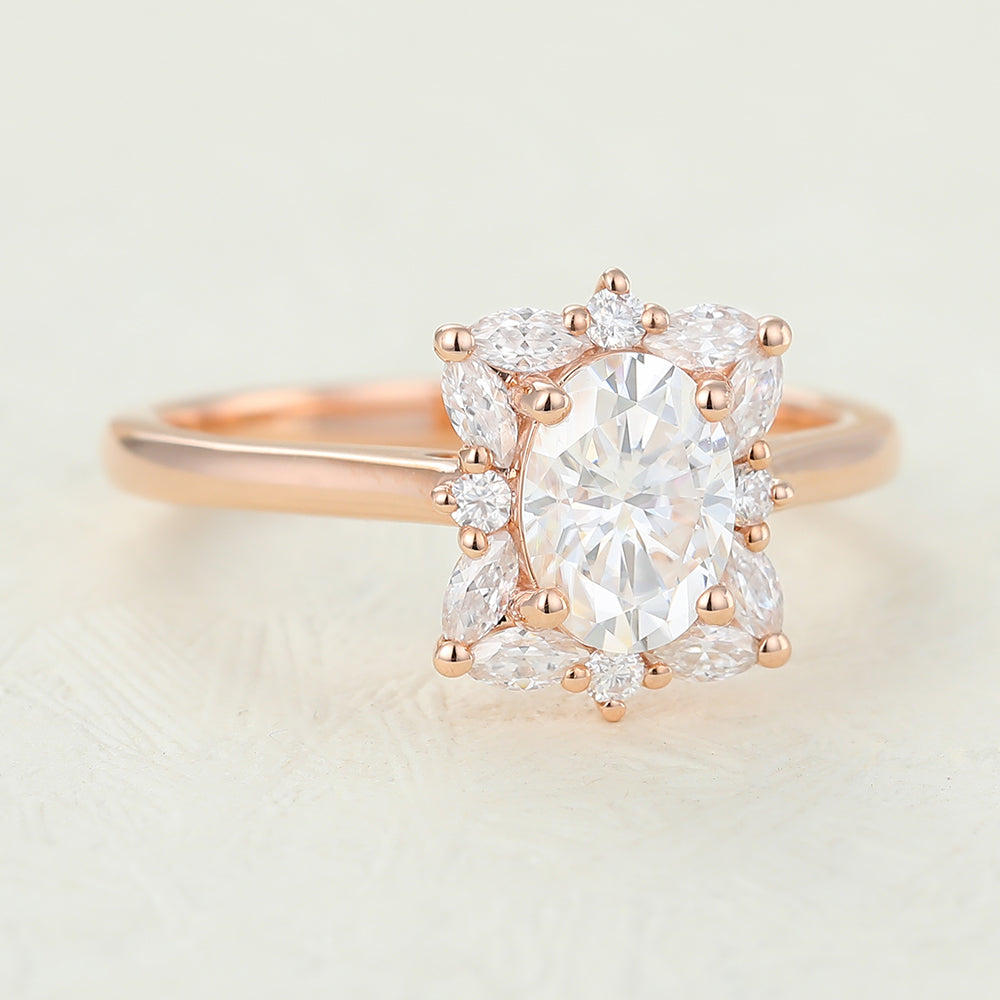 Annika-0.84 Carats Oval  Moissanite Cluster Engagement Ring