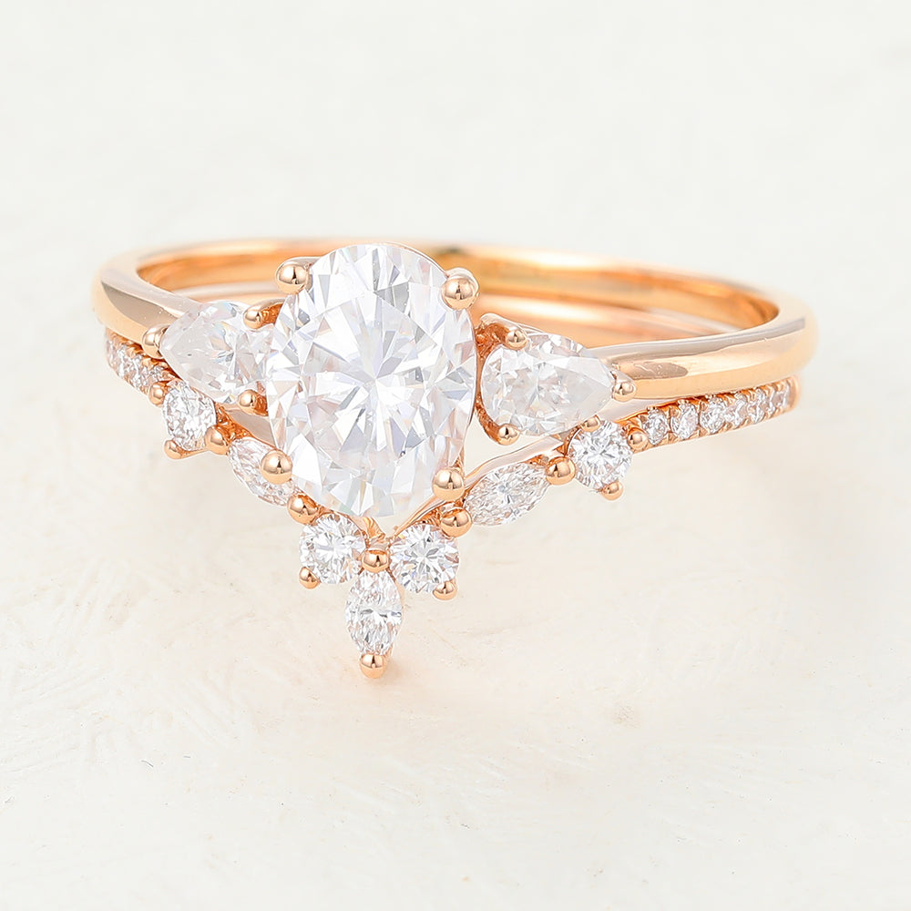Willow-1.33 Carats Oval Moissanite Three Stone Style Bridal Ring Set
