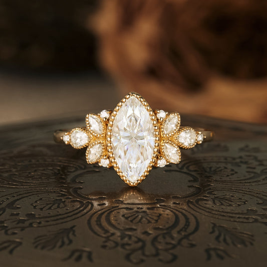 1.0 Carat Moissanite Diamond Marquise Shape Cluster Engagement Ring