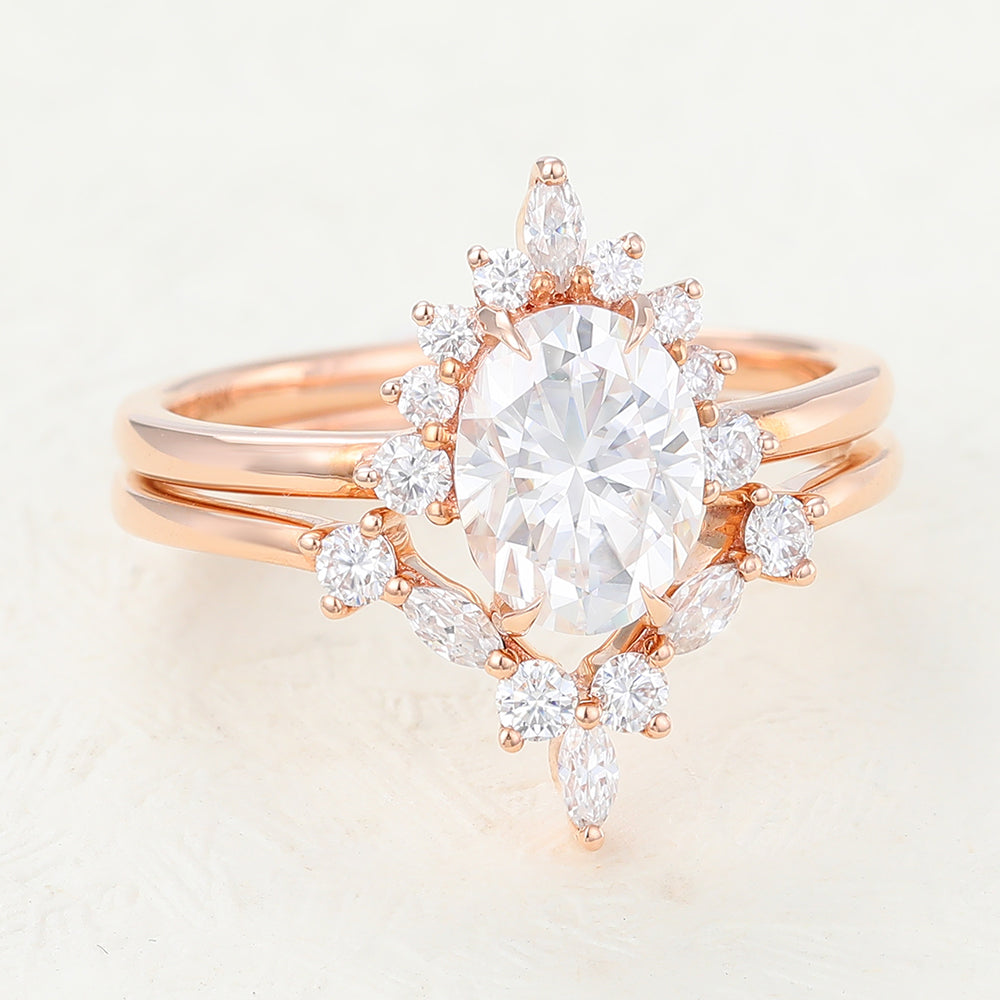 Wesley-1.33 Carats Oval Moissanite Cluster Bridal Ring Set