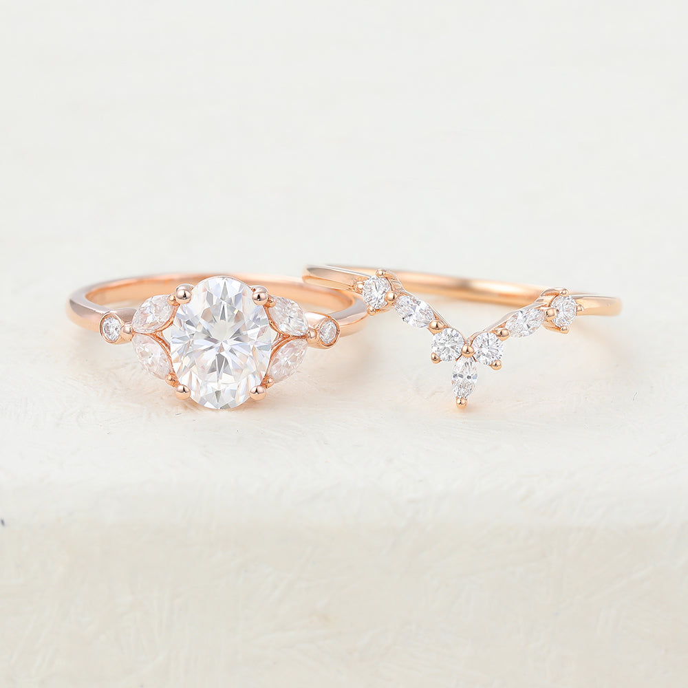 Nova-1.33 Carats Oval Moissanite Cluster Bridal Ring Set