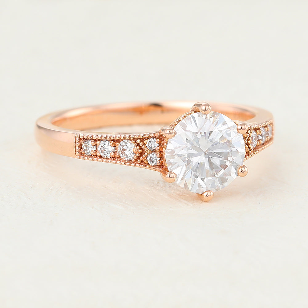 Kelsey-0.88 Carats Round Moissanite vintage Engagement Ring
