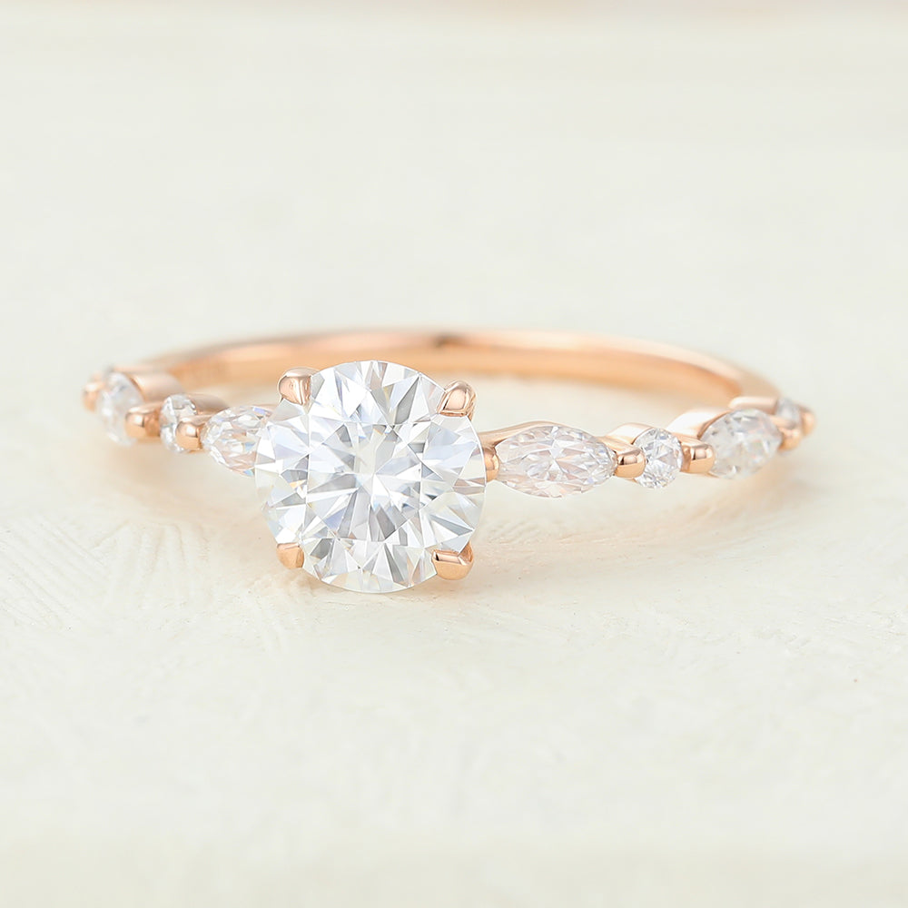 Jacqueline-0.88 Carats Round Moissanite Pave Engagement Ring