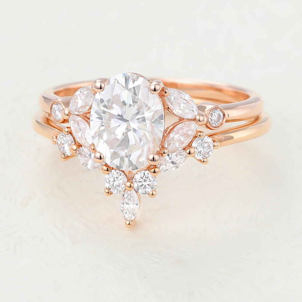 Nova-1.33 Carats Oval Moissanite Cluster Bridal Ring Set