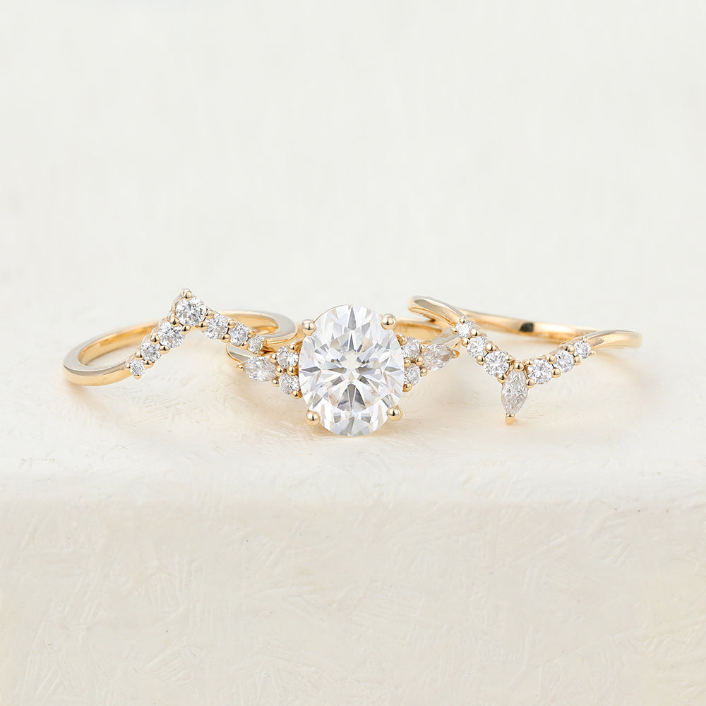 Harper-3.0 Carats Oval Moissanite Cluster Bridal Ring Set
