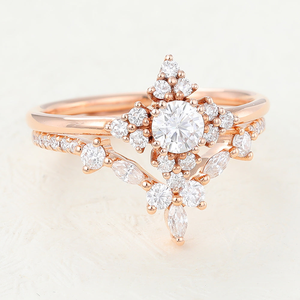 Atticus-0.22 Carats Round Moissanite Cluster Bridal Ring Set