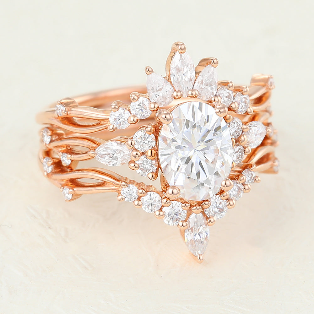 Eden-1.33 Carats Oval Moissanite Cluster Bridal Ring Set