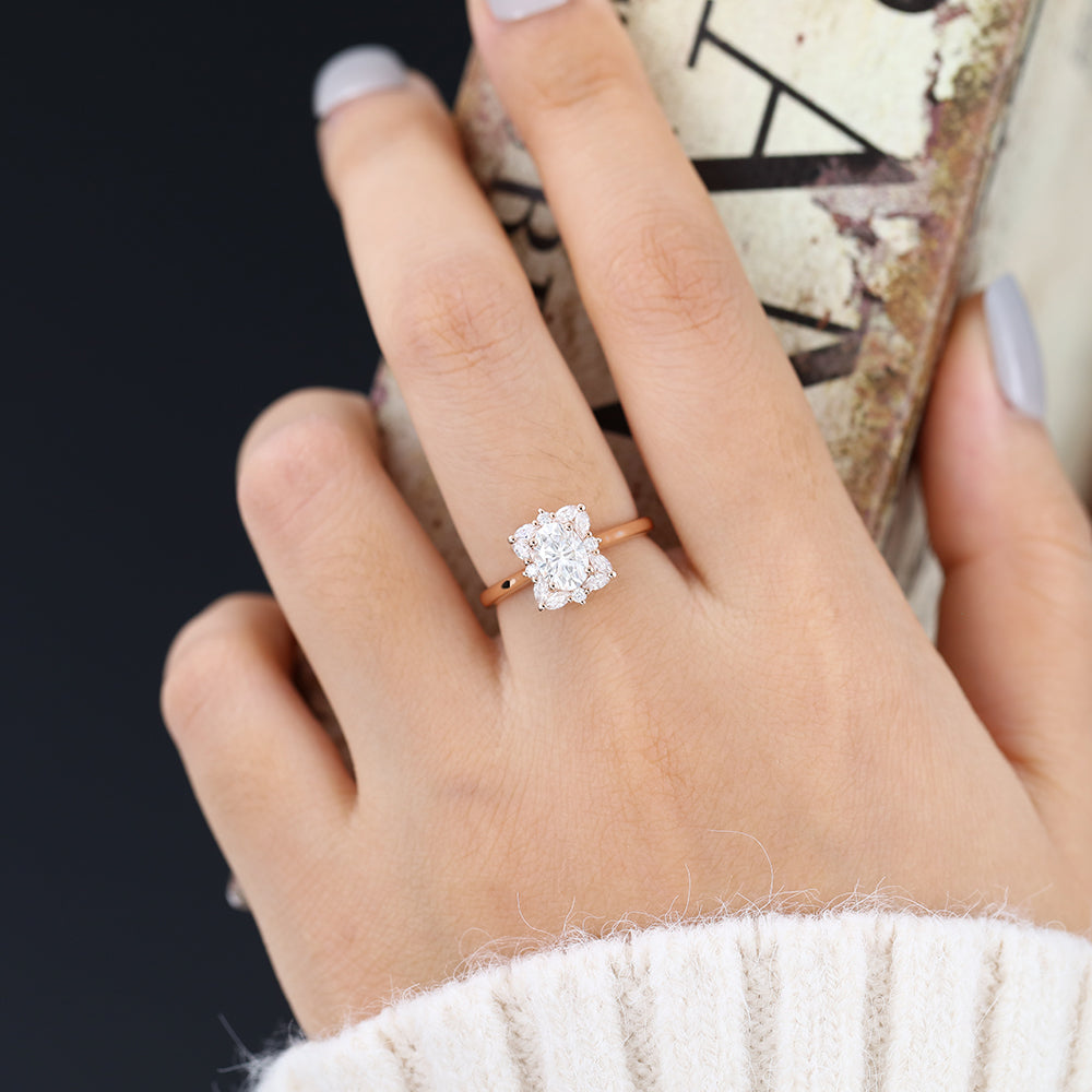 Annika-0.84 Carats Oval  Moissanite Cluster Engagement Ring