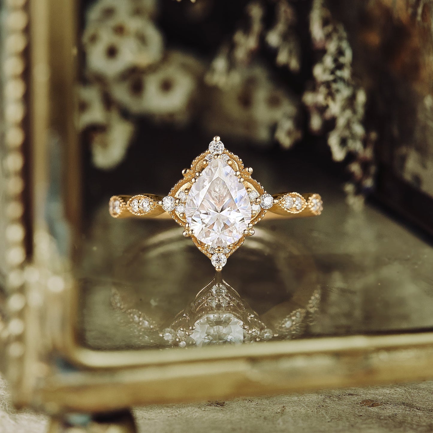 1.2 CT Carat Moissanite Diamond Pear Shape Vintage Engagement Ring