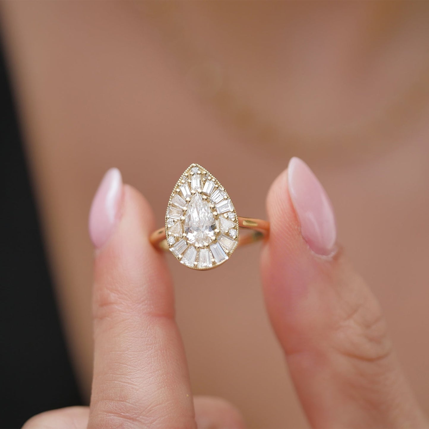 0.75 CT Pear Shape CVD Diamond Halo Setting Engagement Ring
