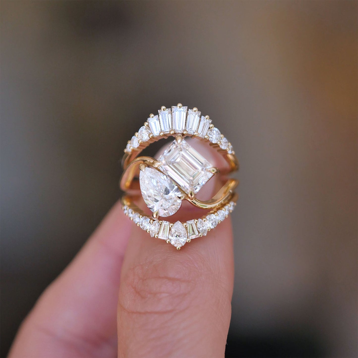 2.02 CT Emerald & Pear Shape CVD Diamond Cluster Setting Engagement Ring