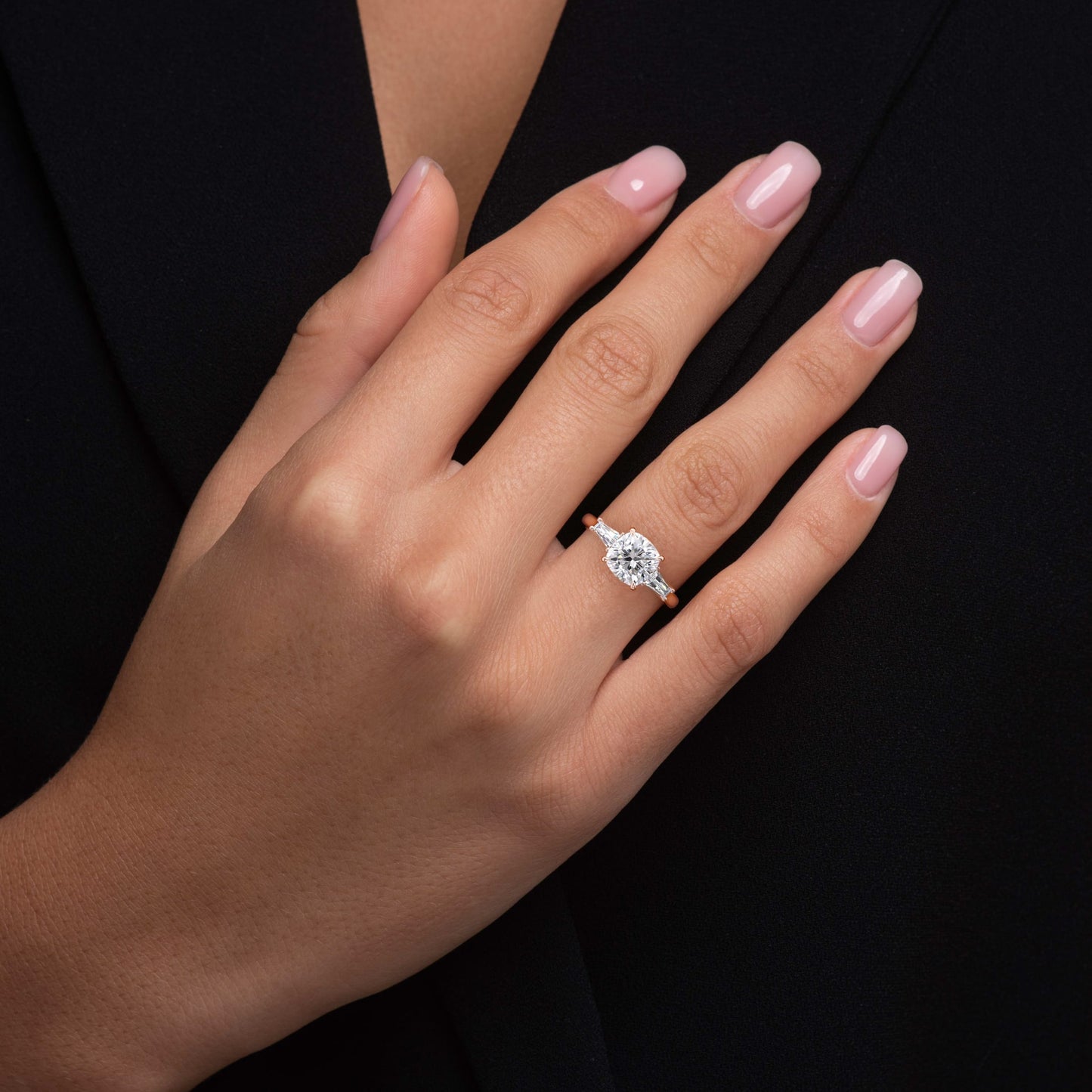 Luna-2.40 Carats Cushion Moissanite Three Stone Engagement Ring