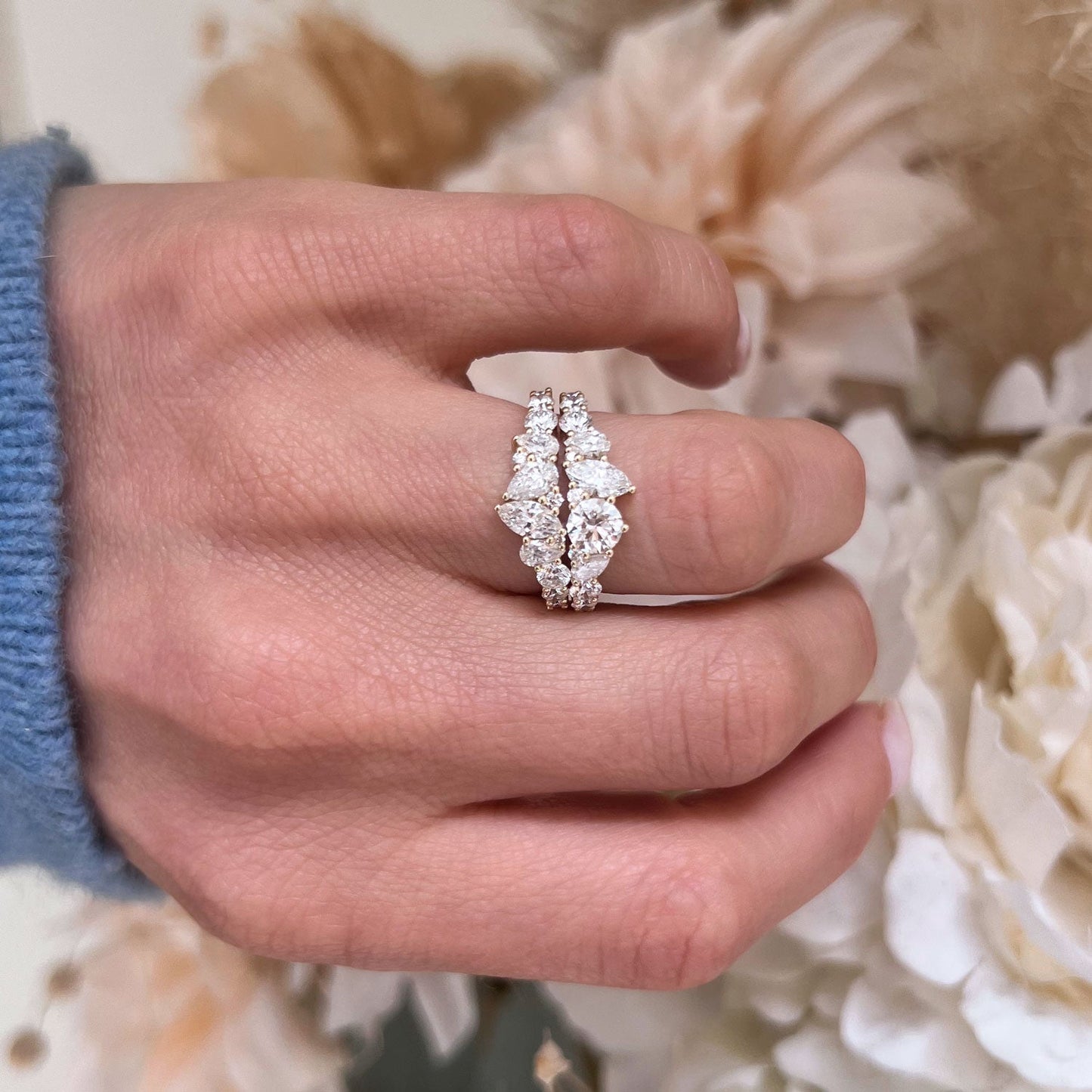 1.18 TCW  Pear Marquise and Round cluster setting Wedding Band