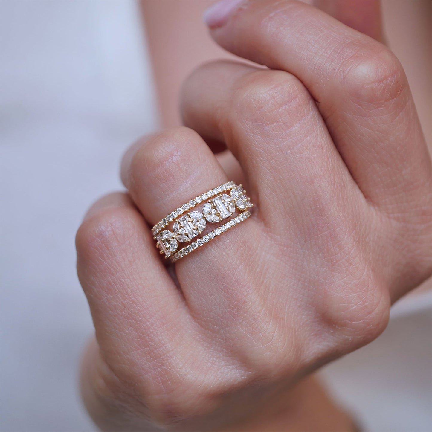 0.86 TCW Marquise, Baguette and Round cluster Wedding Band
