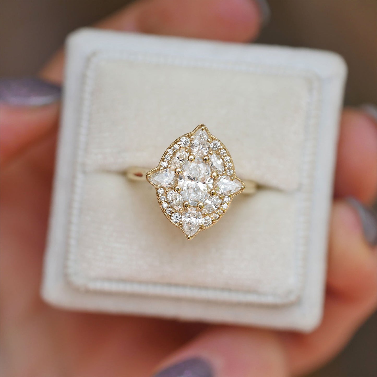 0.75 CT Oval Shape Floral  CVD Diamond Engagement Ring