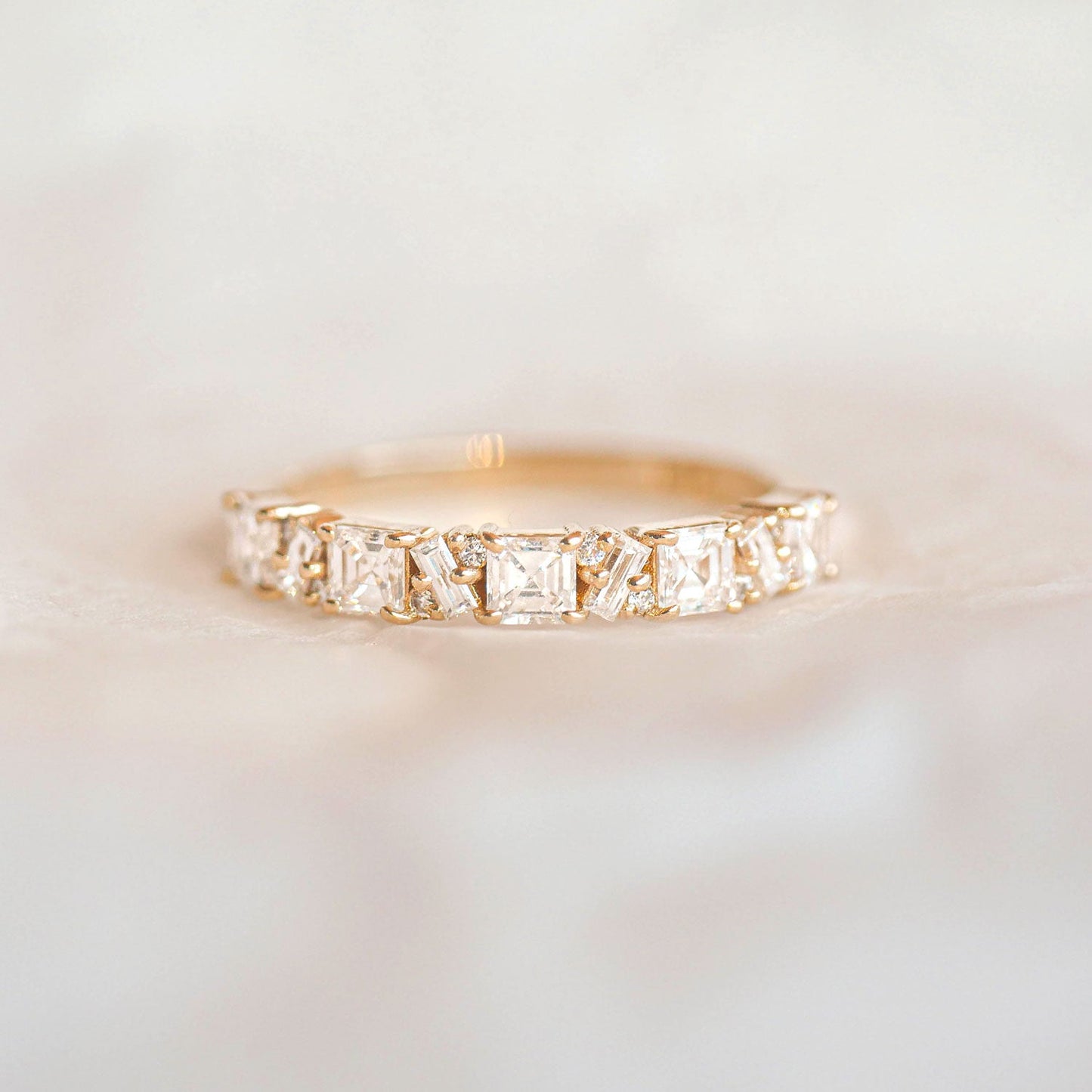 0.80 TCW Asscher Baguette and Round Cluster Eternity Wedding Band