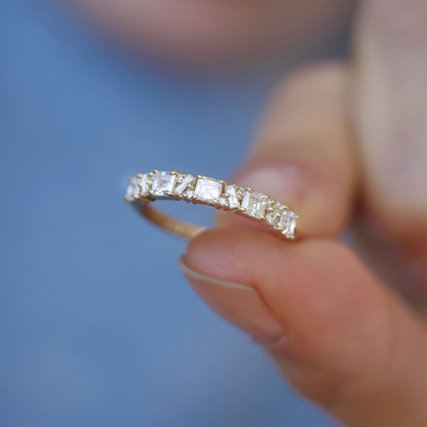 0.80 TCW Asscher Baguette and Round Cluster Eternity Wedding Band