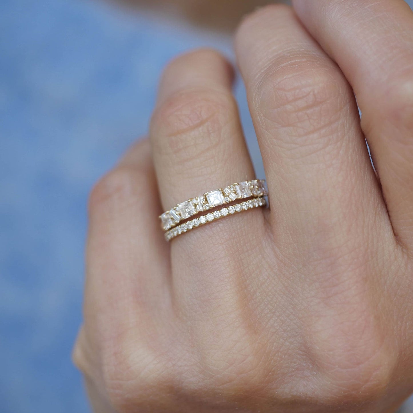 0.80 TCW Asscher Baguette and Round Cluster Eternity Wedding Band
