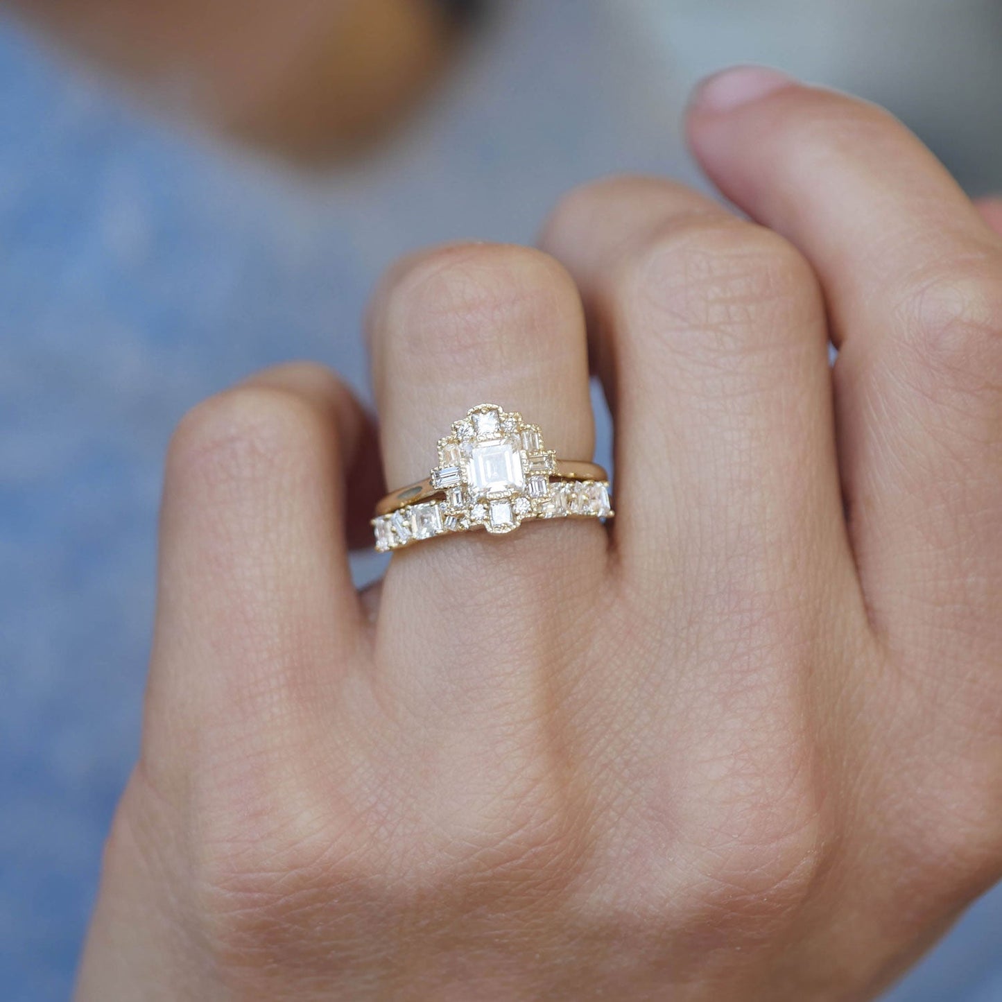 0.80 TCW Asscher Baguette and Round Cluster Eternity Wedding Band