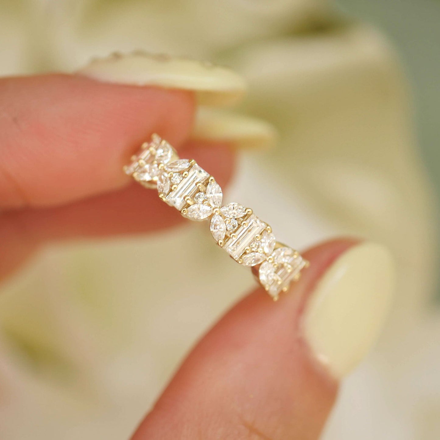 0.86 TCW Marquise, Baguette and Round cluster Wedding Band