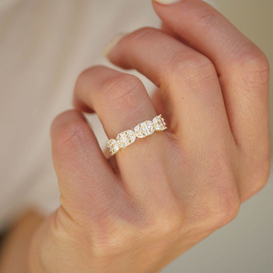 0.86 TCW Marquise, Baguette and Round cluster Wedding Band