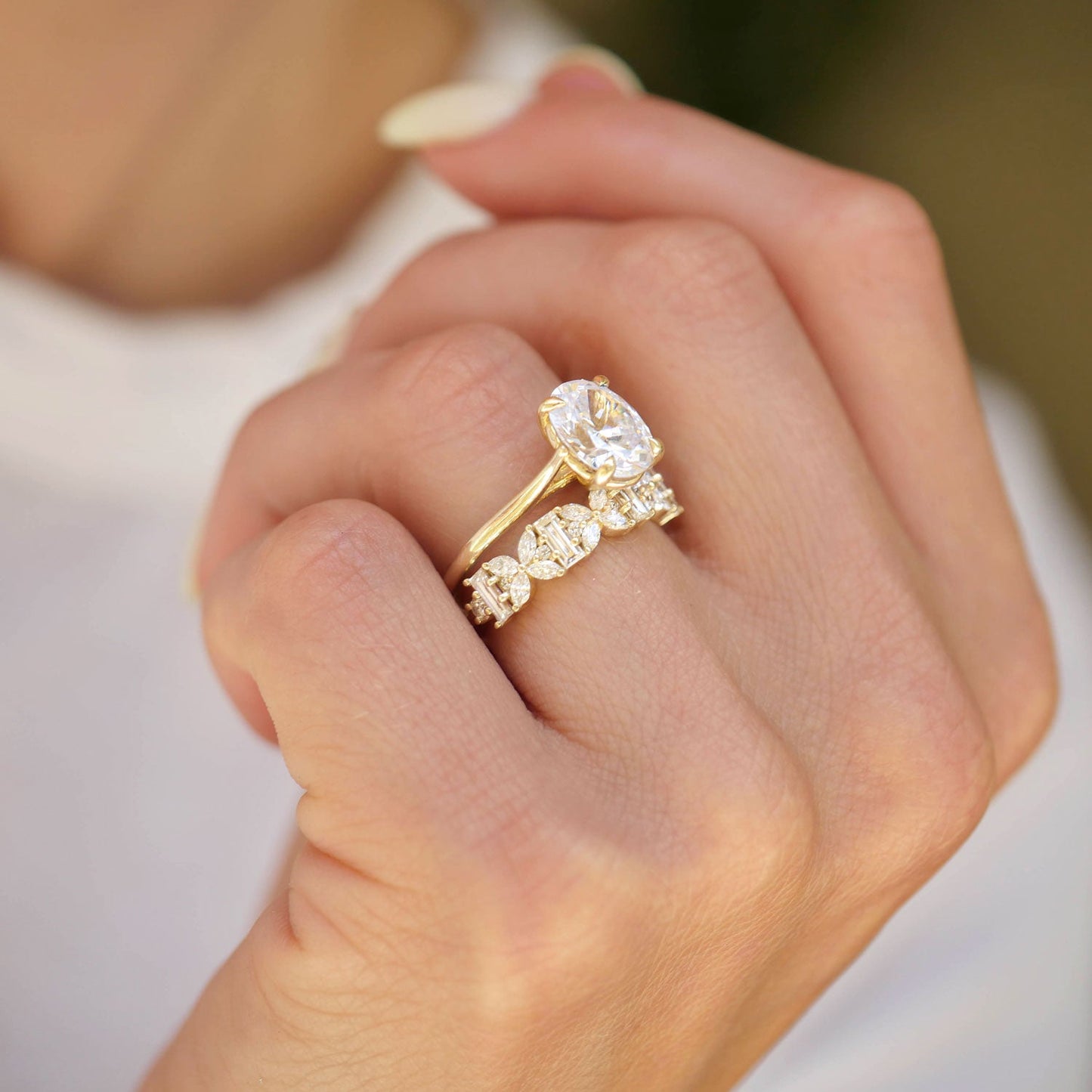 0.86 TCW Marquise, Baguette and Round cluster Wedding Band