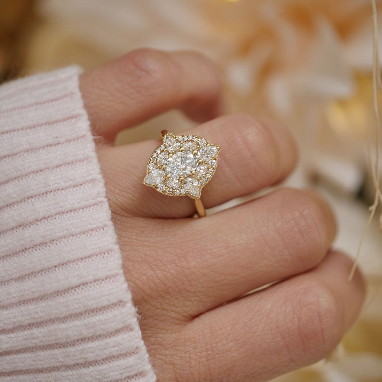 0.75 CT Oval Shape Floral  CVD Diamond Engagement Ring