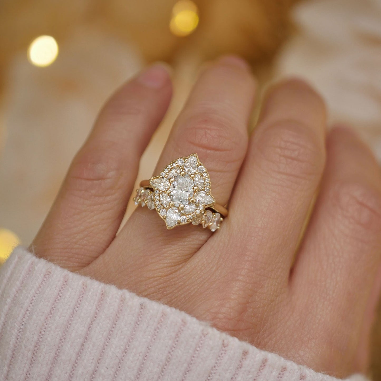 0.75 CT Oval Shape Floral  CVD Diamond Engagement Ring