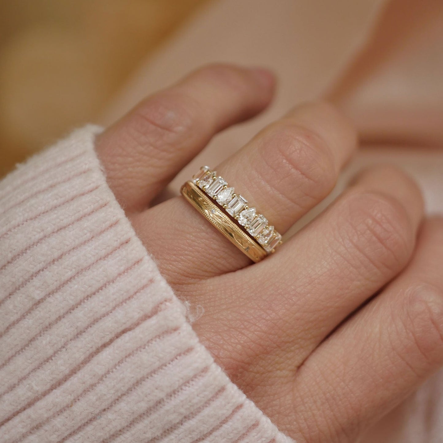 1.01 TCW Emerald, Pear and Round Lab grown Half Eternity Wedding Band