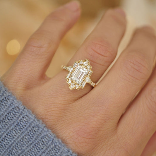1.75 CT Emerald Shape Art Deco CVD Diamond Engagement Ring