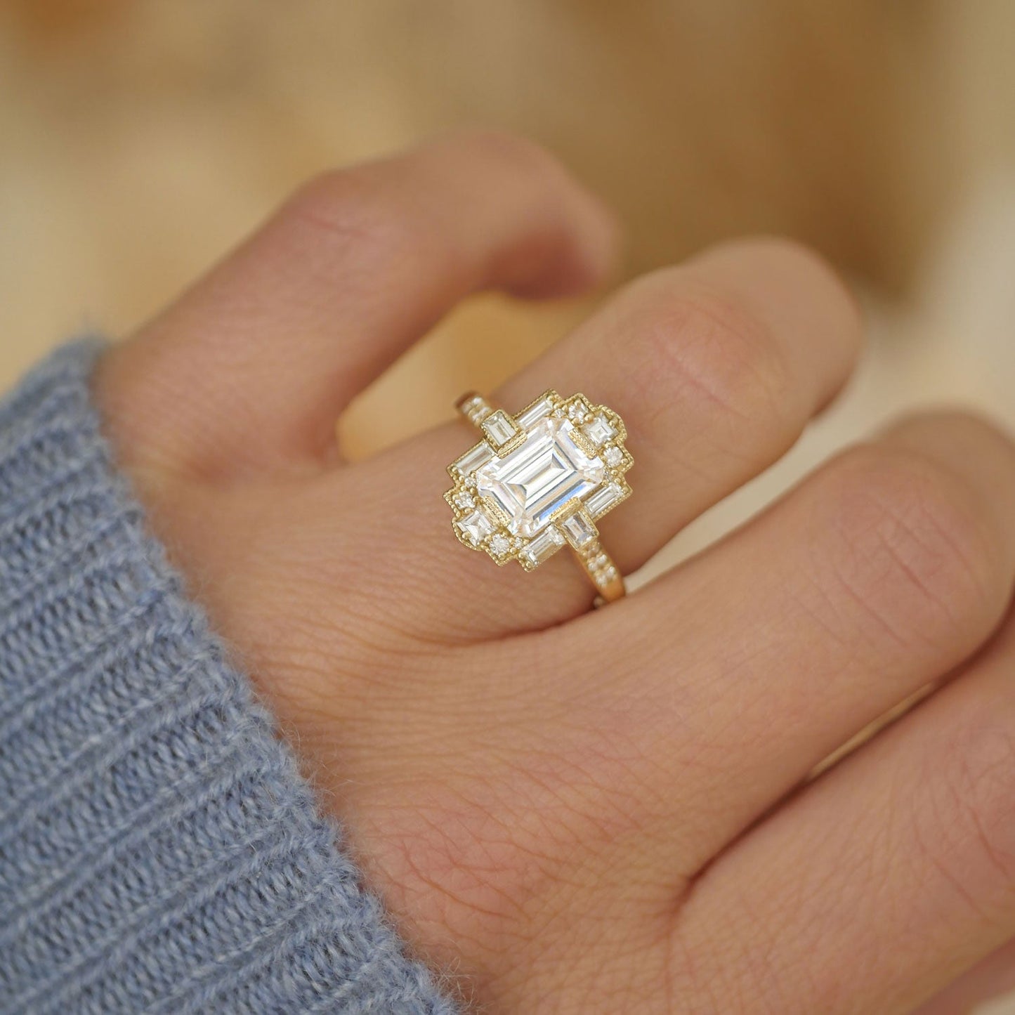 1.50 CT Emerald Shape Art Deco CVD Diamond Engagement Ring