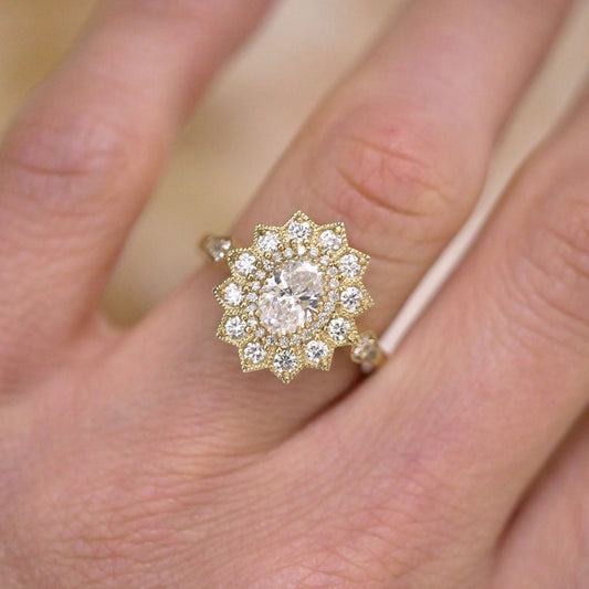 0.75 CT Oval Shape CVD Diamond Sunflower Engagement Ring