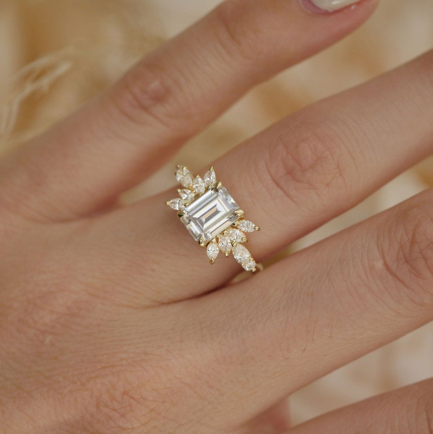 1.5 CT Emerald Shape CVD Diamond Cluster Engagement Ring