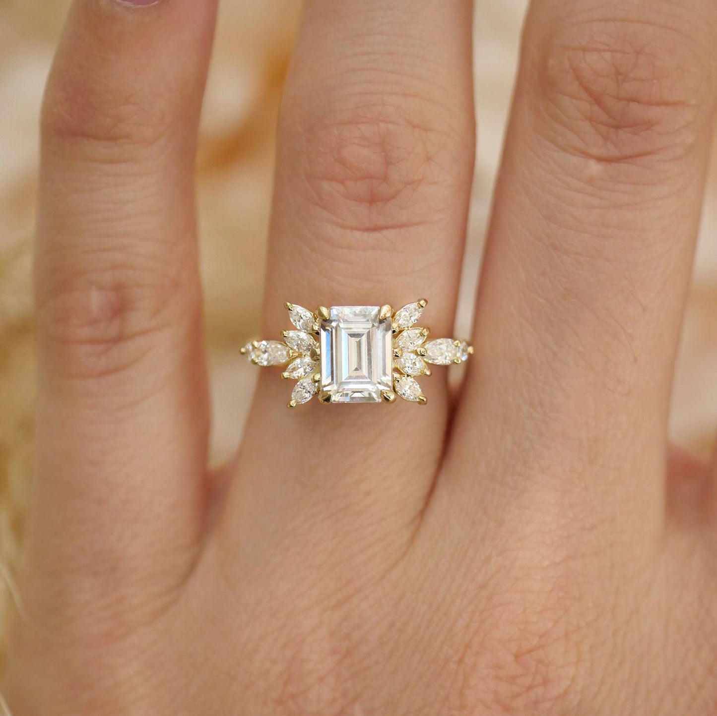 1.5 CT Emerald Shape CVD Diamond Cluster Engagement Ring