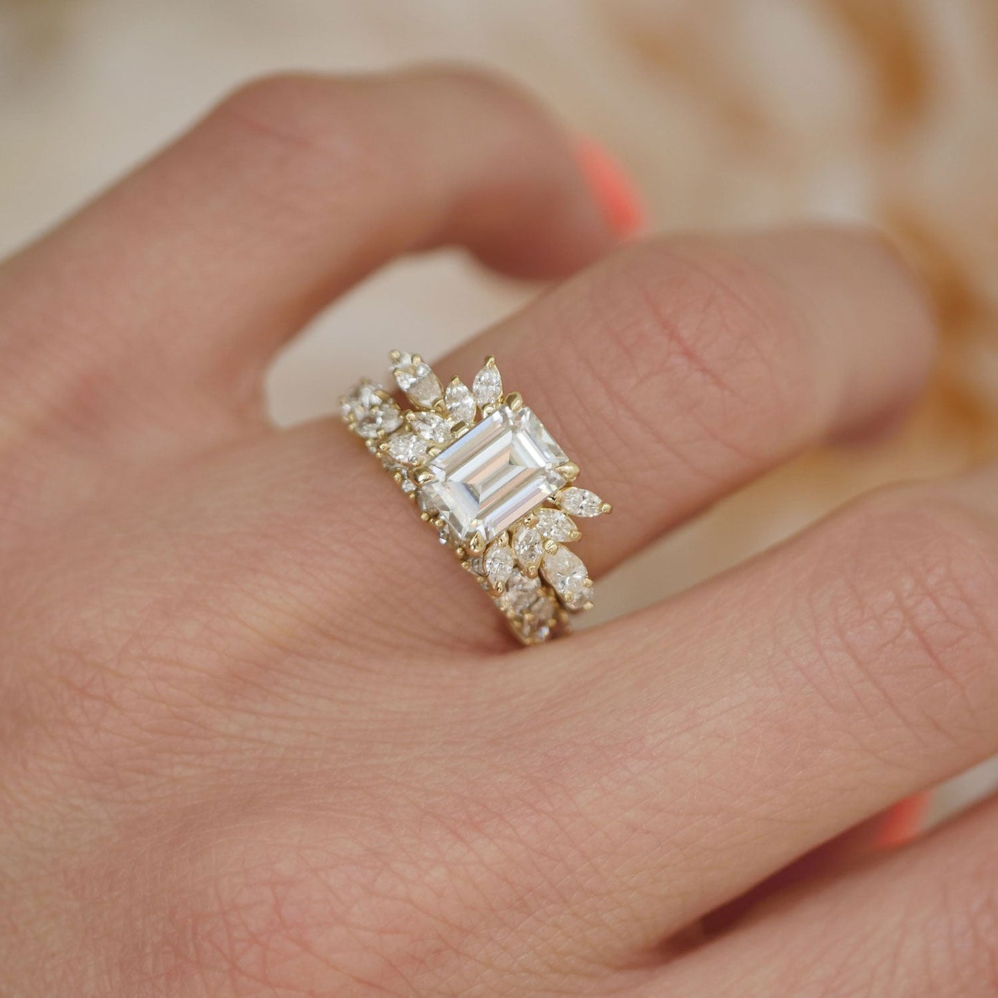 1.5 CT Emerald Shape CVD Diamond Cluster Engagement Ring
