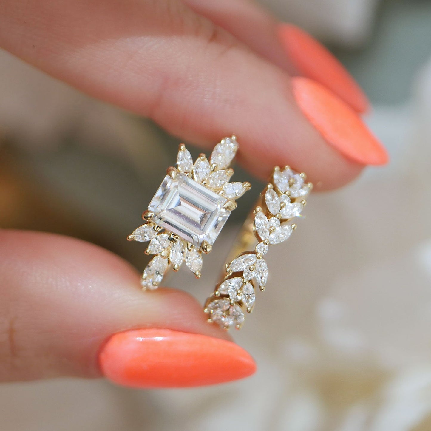 1.5 CT Emerald Shape CVD Diamond Cluster Engagement Ring