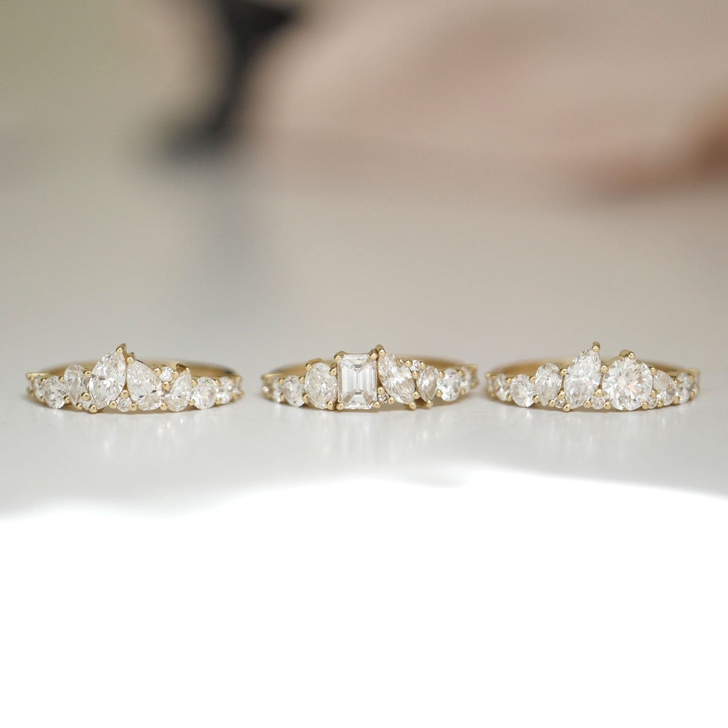 1.09 TCW Pear Marquise Oval Emerald and Round Cluster setting Wedding Band
