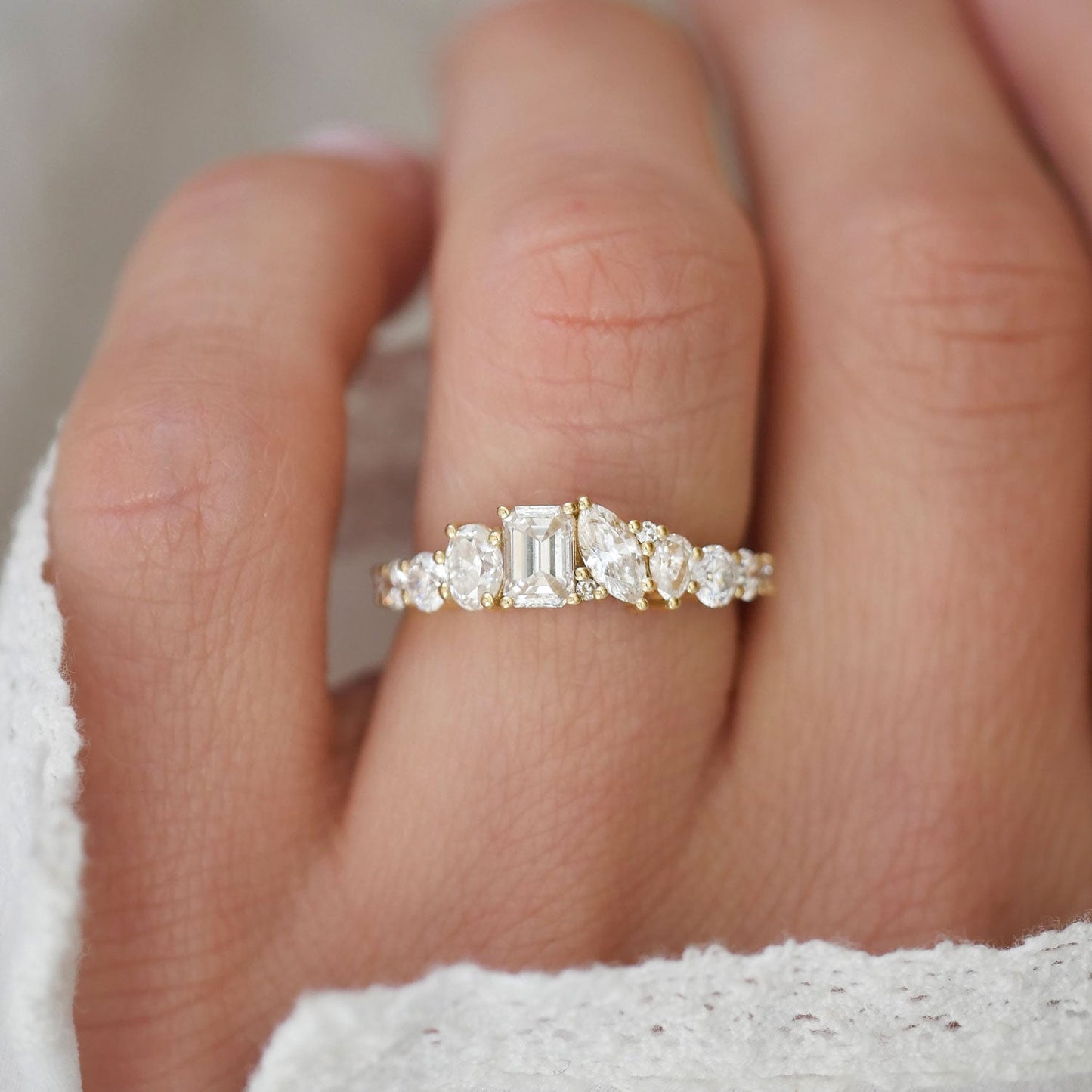 1.09 TCW Pear Marquise Oval Emerald and Round Cluster setting Wedding Band