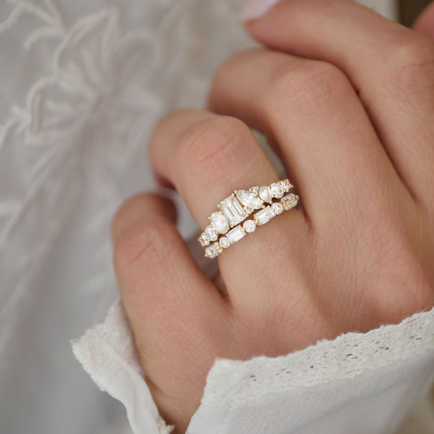 1.09 TCW Pear Marquise Oval Emerald and Round Cluster setting Wedding Band