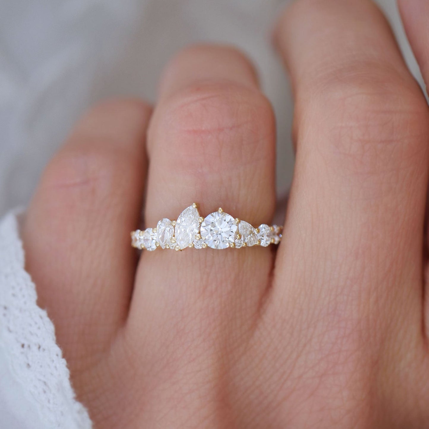 1.18 TCW  Pear Marquise and Round cluster setting Wedding Band