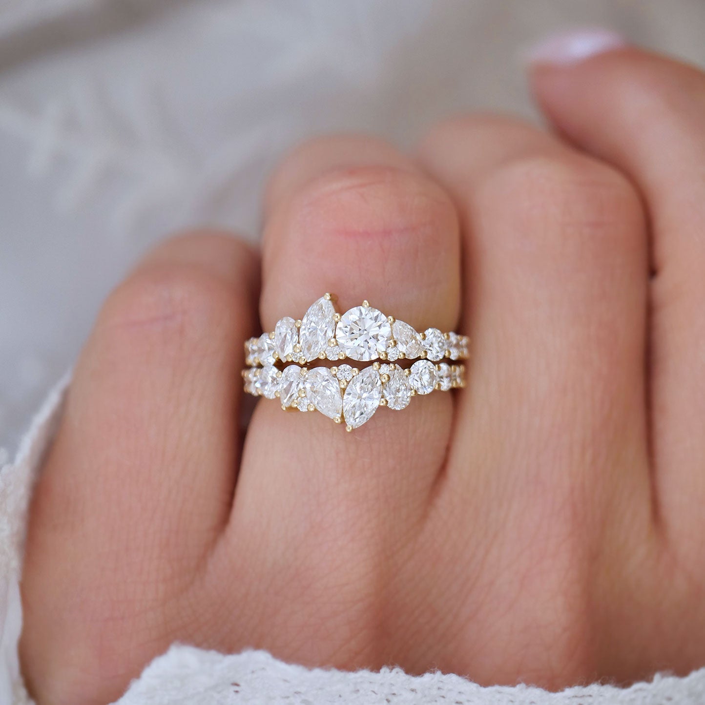 1.18 TCW  Pear Marquise and Round cluster setting Wedding Band