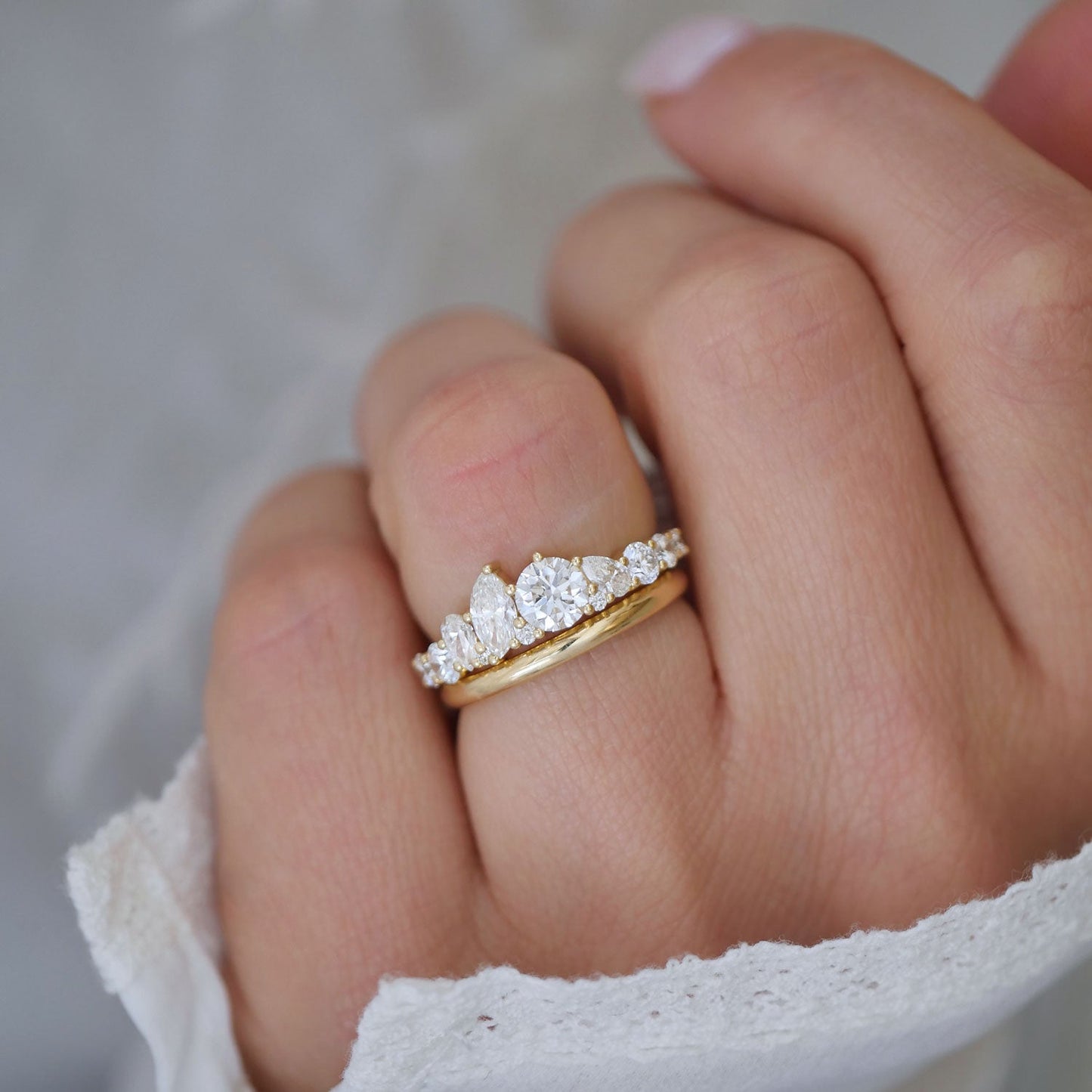 1.18 TCW  Pear Marquise and Round cluster setting Wedding Band