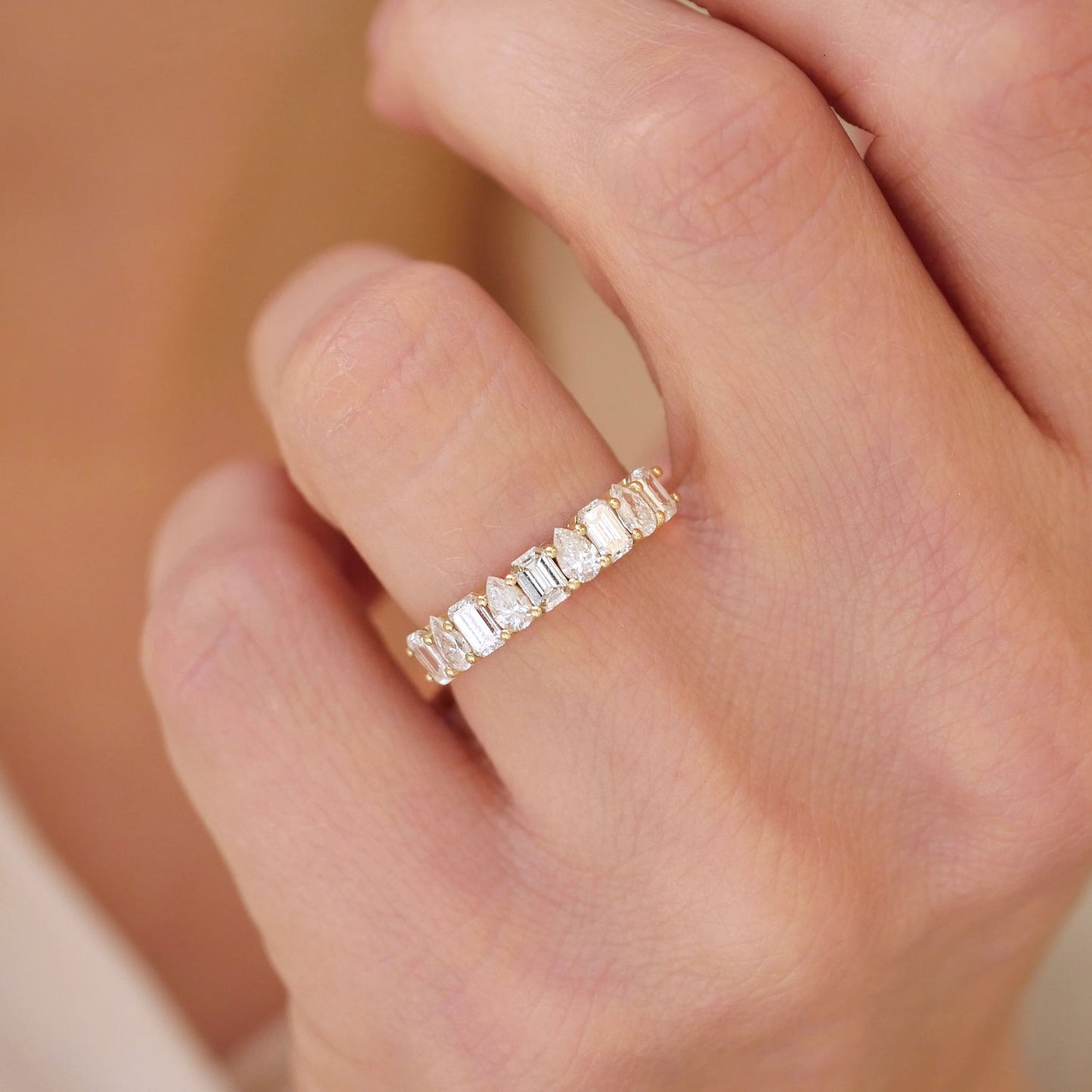 1.01 TCW Emerald, Pear and Round Lab grown Half Eternity Wedding Band