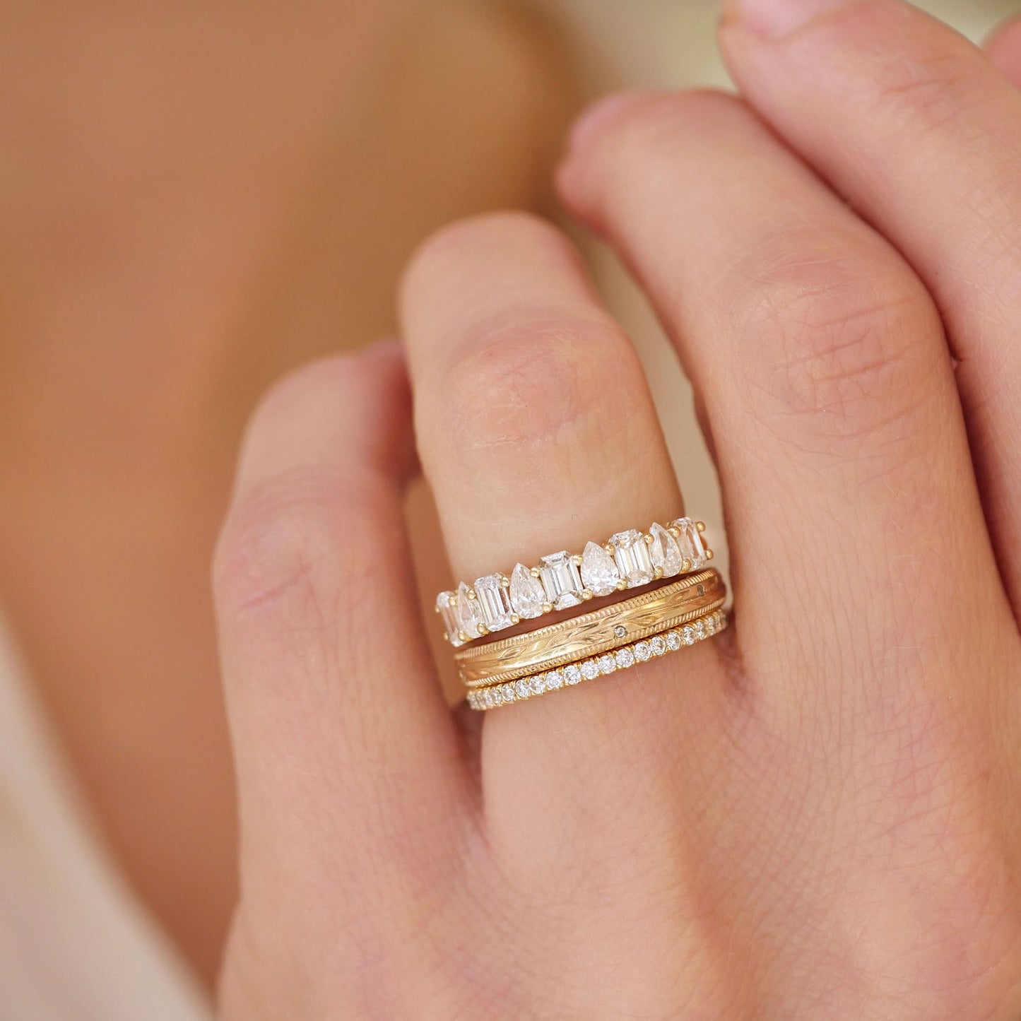 1.01 TCW Emerald, Pear and Round Lab grown Half Eternity Wedding Band